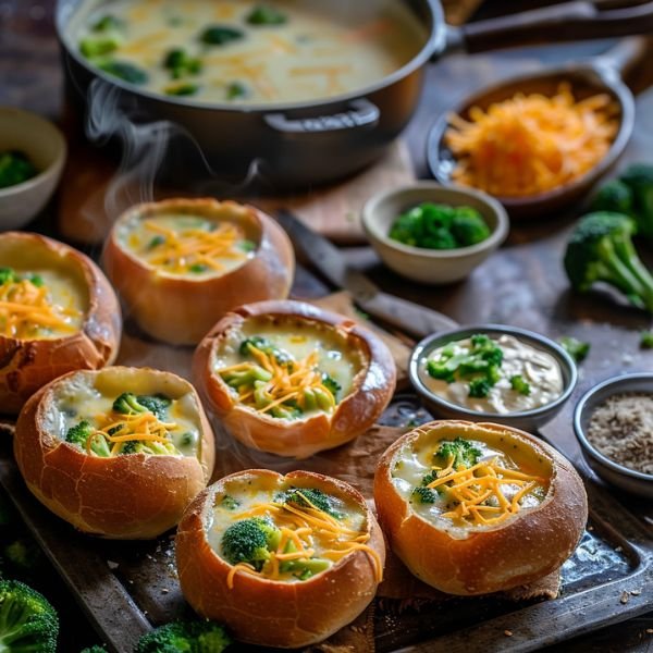 Cheddar Broccoli Soup in a Bread Bowl