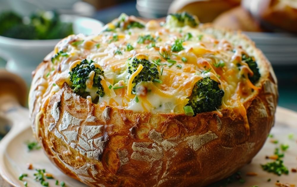 cheddar broccoli soup in bread bowl